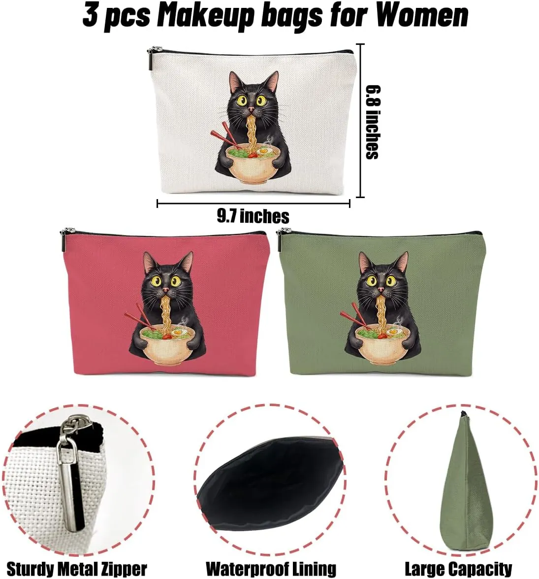 3 Pack Funny Noodles Ramen Cat Lover Gifts Cat Gifts for Women Girls Friend Doctor Animals Lovers Mom Makeup Bag,Travel Essentials Cosmetic Bags for Women, Travel Toiletry Bag Christmas Graduation