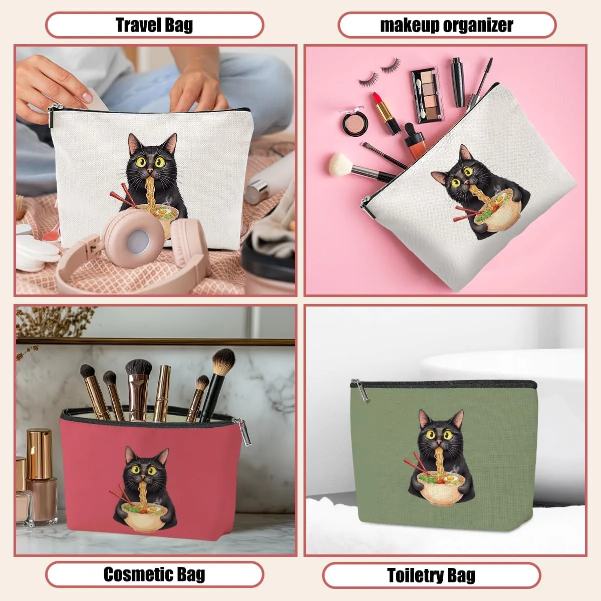 3 Pack Funny Noodles Ramen Cat Lover Gifts Cat Gifts for Women Girls Friend Doctor Animals Lovers Mom Makeup Bag,Travel Essentials Cosmetic Bags for Women, Travel Toiletry Bag Christmas Graduation