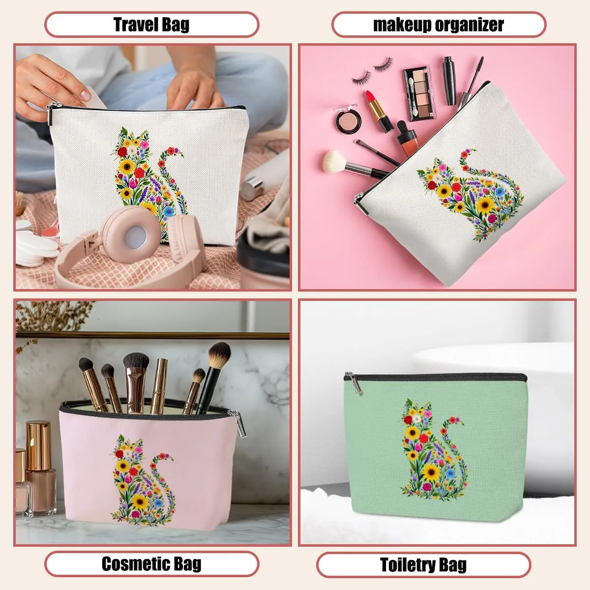 3 Pack Wildlower Funny Cat Gifts for Women Cat Lover Gifts Makeup Bag,Cosmetic Bags for Women,Mom Teacher Girls Trip Bachelorette Party Toiletry Bag Christmas Birthday Week Graduation Vacation