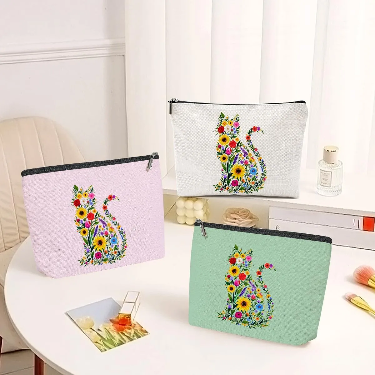 3 Pack Wildlower Funny Cat Gifts for Women Cat Lover Gifts Makeup Bag,Cosmetic Bags for Women,Mom Teacher Girls Trip Bachelorette Party Toiletry Bag Christmas Birthday Week Graduation Vacation