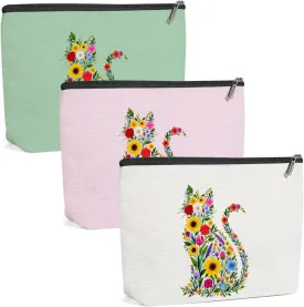 3 Pack Wildlower Funny Cat Gifts for Women Cat Lover Gifts Makeup Bag,Cosmetic Bags for Women,Mom Teacher Girls Trip Bachelorette Party Toiletry Bag Christmas Birthday Week Graduation Vacation