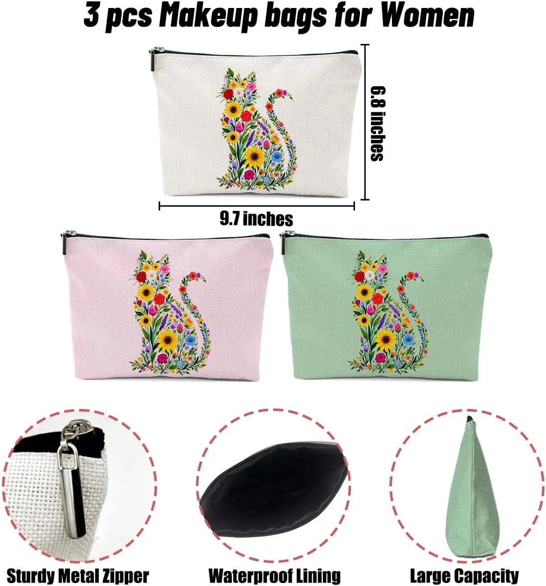 3 Pack Wildlower Funny Cat Gifts for Women Cat Lover Gifts Makeup Bag,Cosmetic Bags for Women,Mom Teacher Girls Trip Bachelorette Party Toiletry Bag Christmas Birthday Week Graduation Vacation