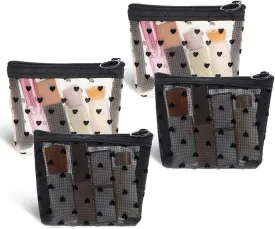 4PCS Mesh Makeup Bag Mini Heart Print Cosmetic Bag for Purse, Portable Toiletry Organizer Bags Zipper Mesh Storage Pouch for Women Beauty Makeup Lipstick Cosmetic Accessories(Black/Beige)