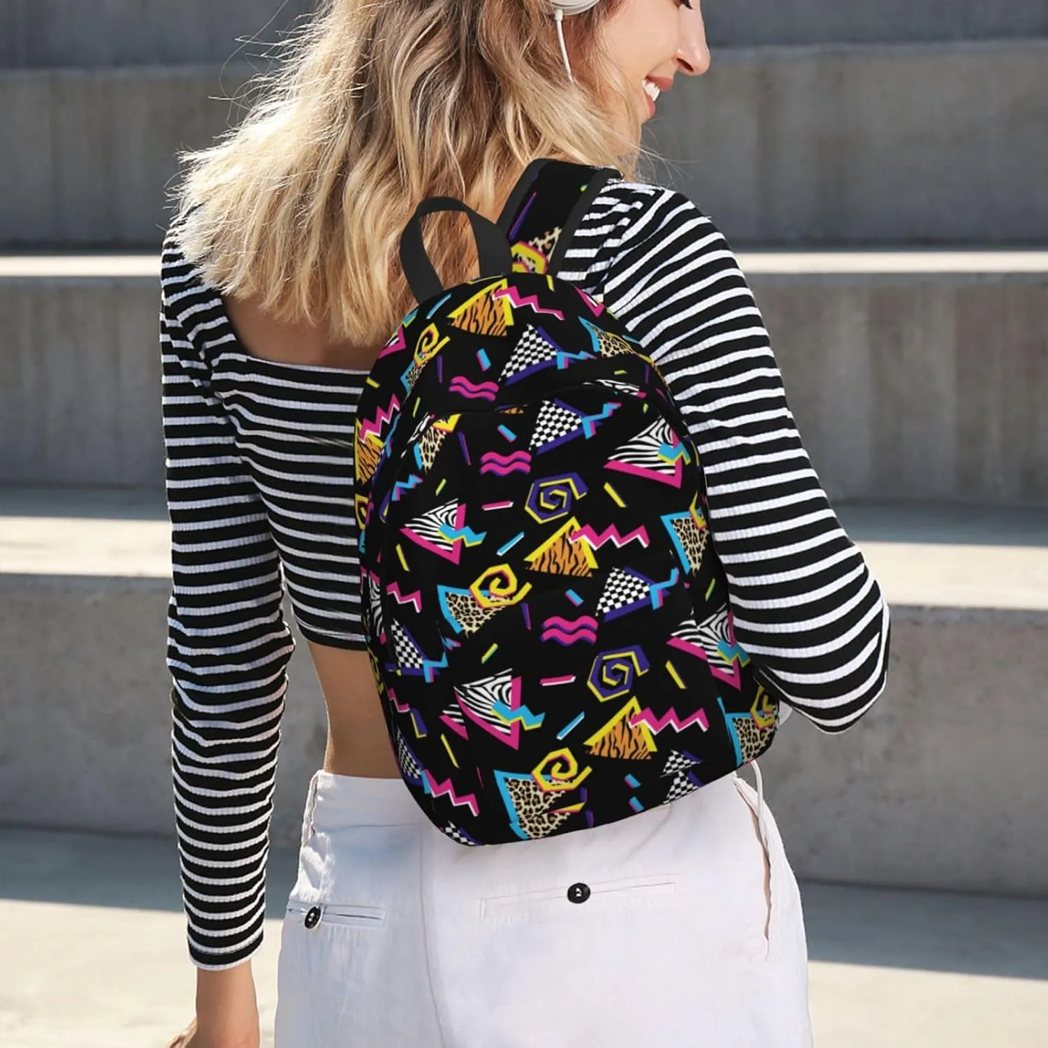 Abstract 90s Retro Fashion Backpack for Girls Boys Women Lightweight Canvas Bookbag Casual Daypack for Travel Outdoor Camping, 15 Inches