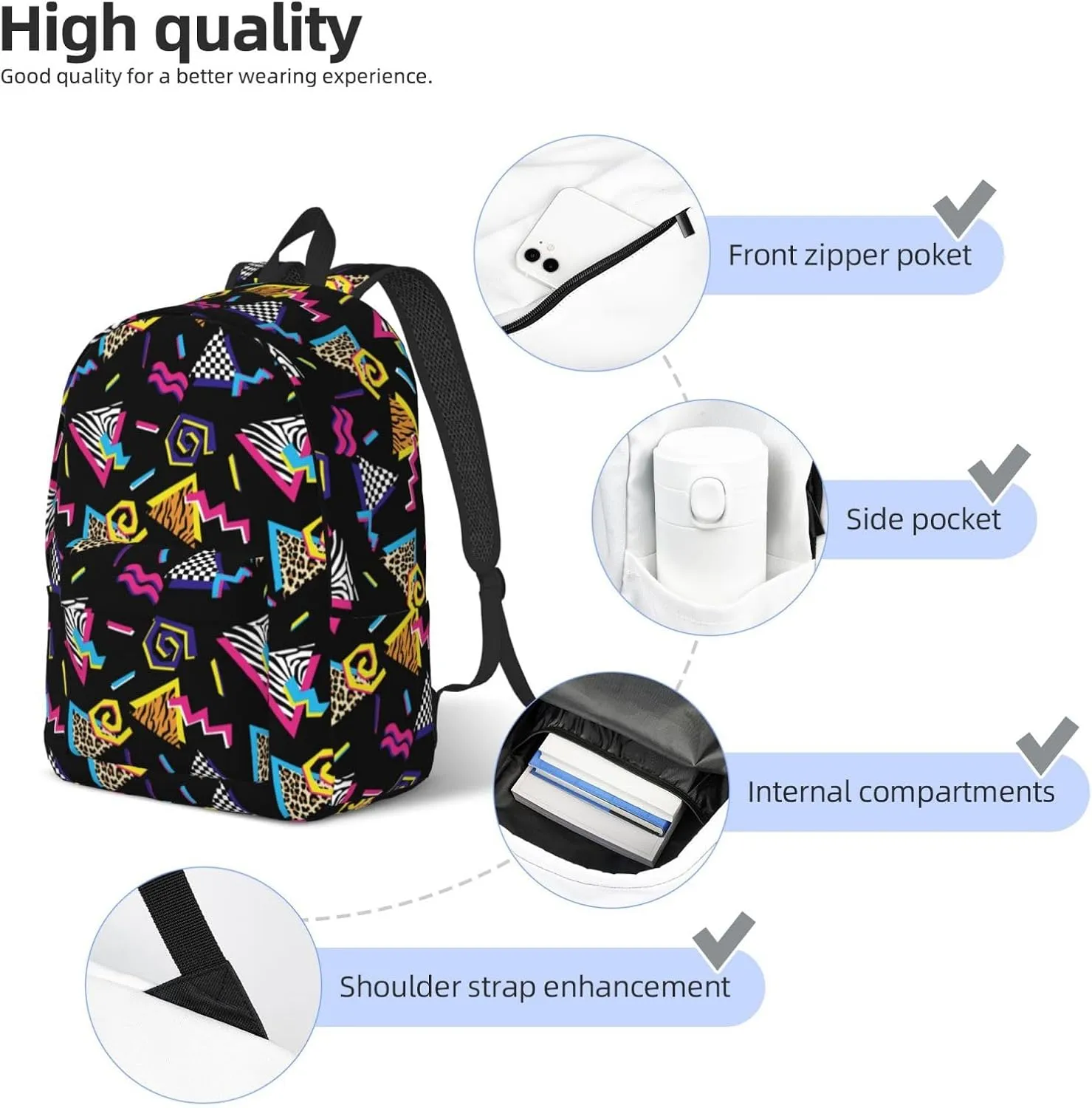 Abstract 90s Retro Fashion Backpack for Girls Boys Women Lightweight Canvas Bookbag Casual Daypack for Travel Outdoor Camping, 15 Inches