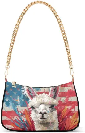 ALAZA Llama Alpaca American Flag Chian Shoulder Bag Handbags Tote Mini Clutch Purse Hobo Bag with Zipper Closure for Women