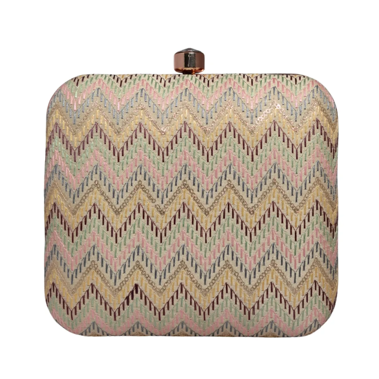 Beige Zigzag Pattern Thread Embroidery Clutch