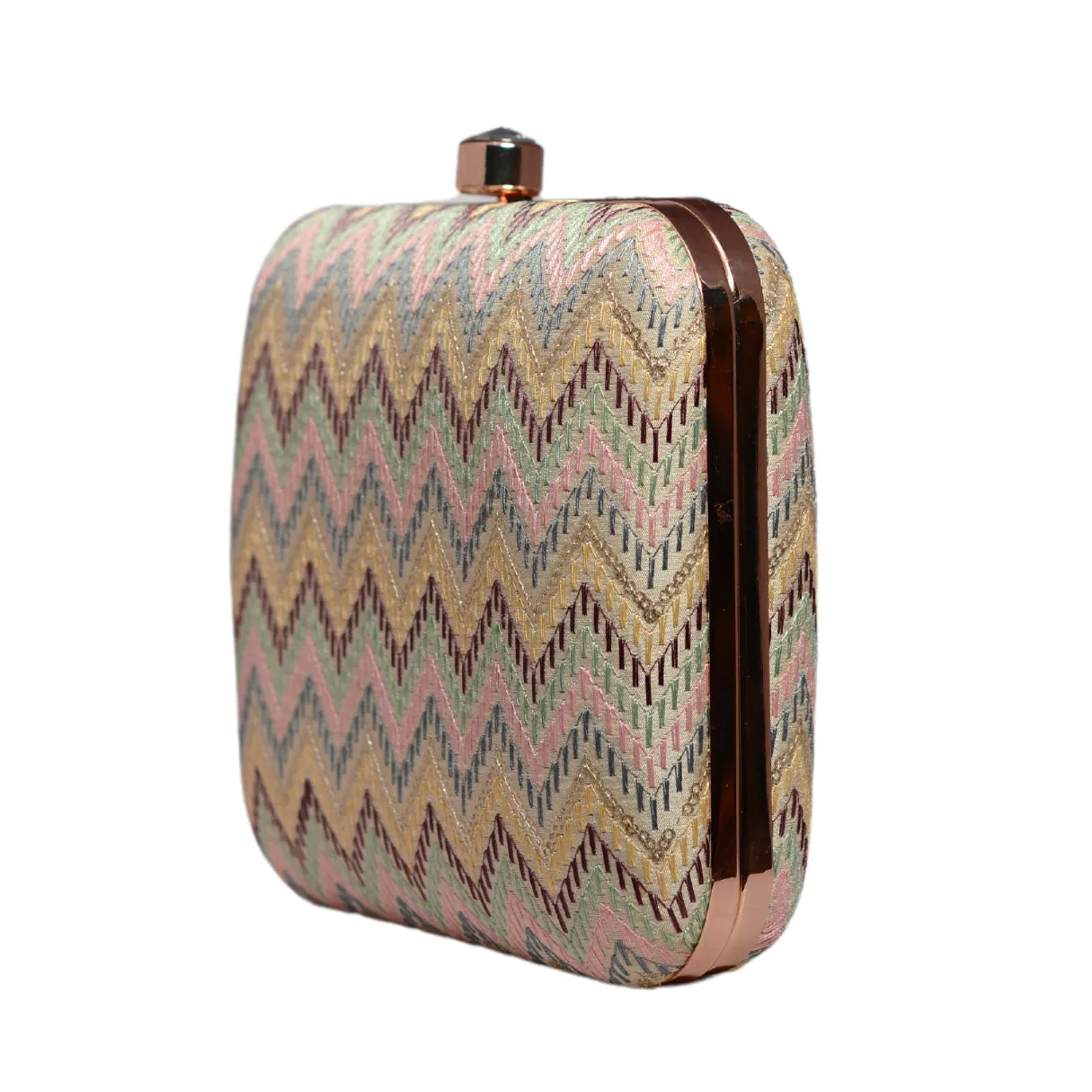 Beige Zigzag Pattern Thread Embroidery Clutch