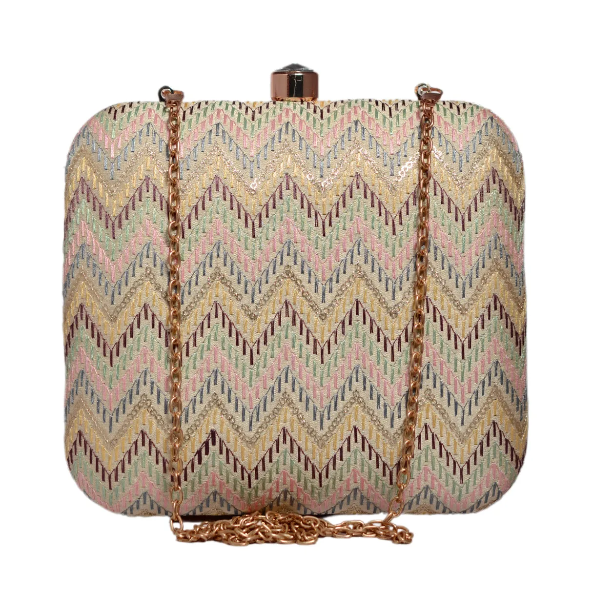 Beige Zigzag Pattern Thread Embroidery Clutch
