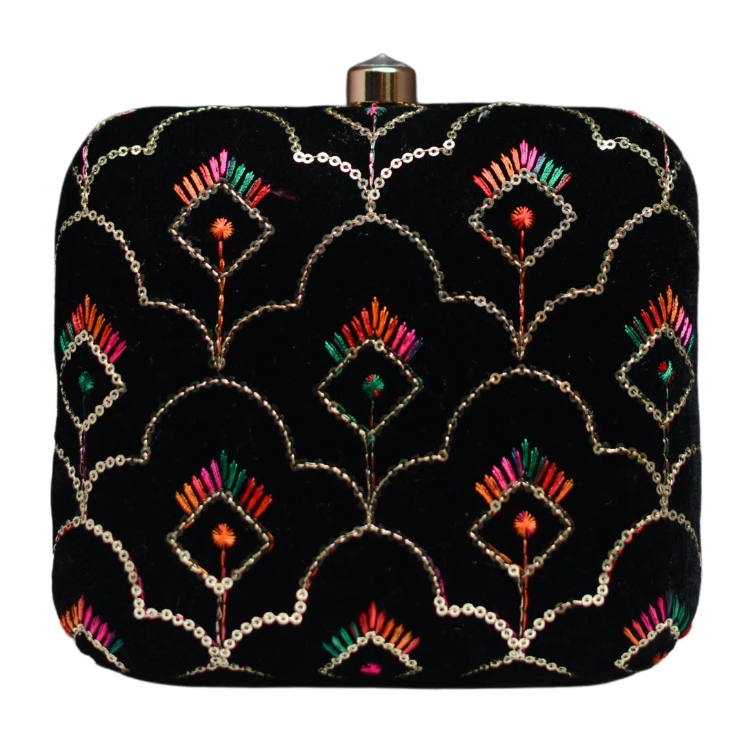 Black Multicolour Sequins Embroidery Clutch