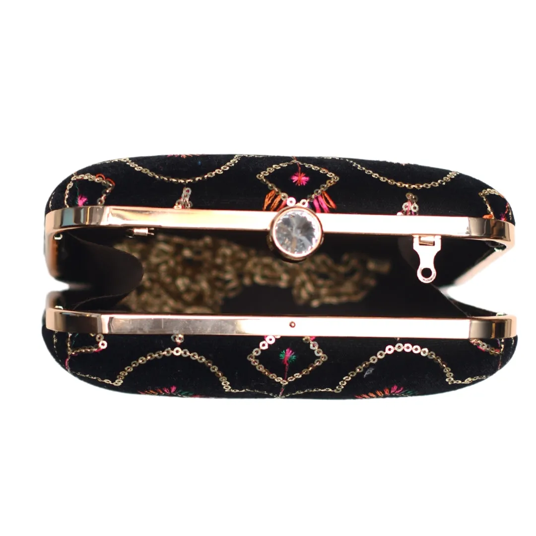 Black Multicolour Sequins Embroidery Clutch