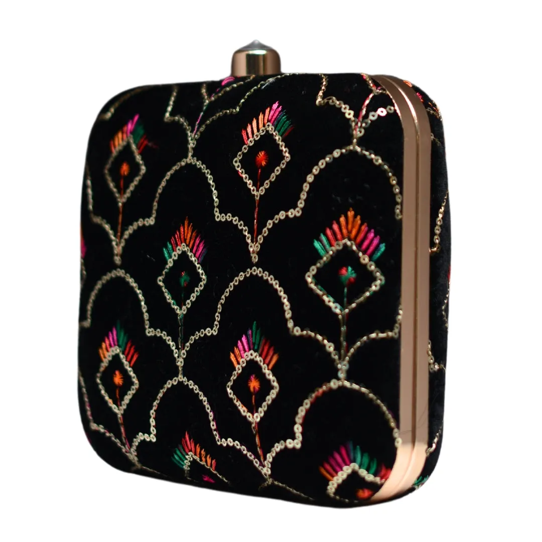 Black Multicolour Sequins Embroidery Clutch