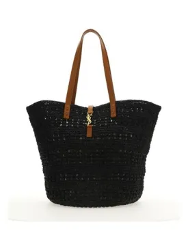 BLACK RAFFIA TOTE BAG WITH MONOGRAM