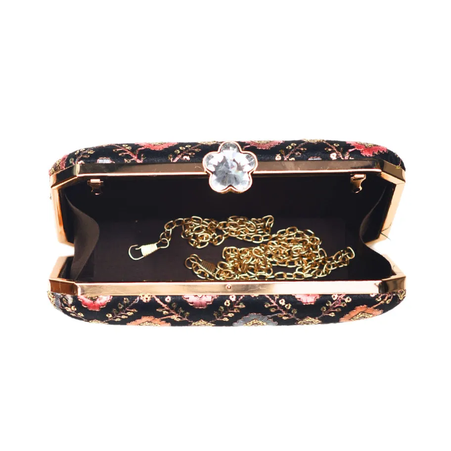 Black Sequins Multicolor Embroidery Clutch