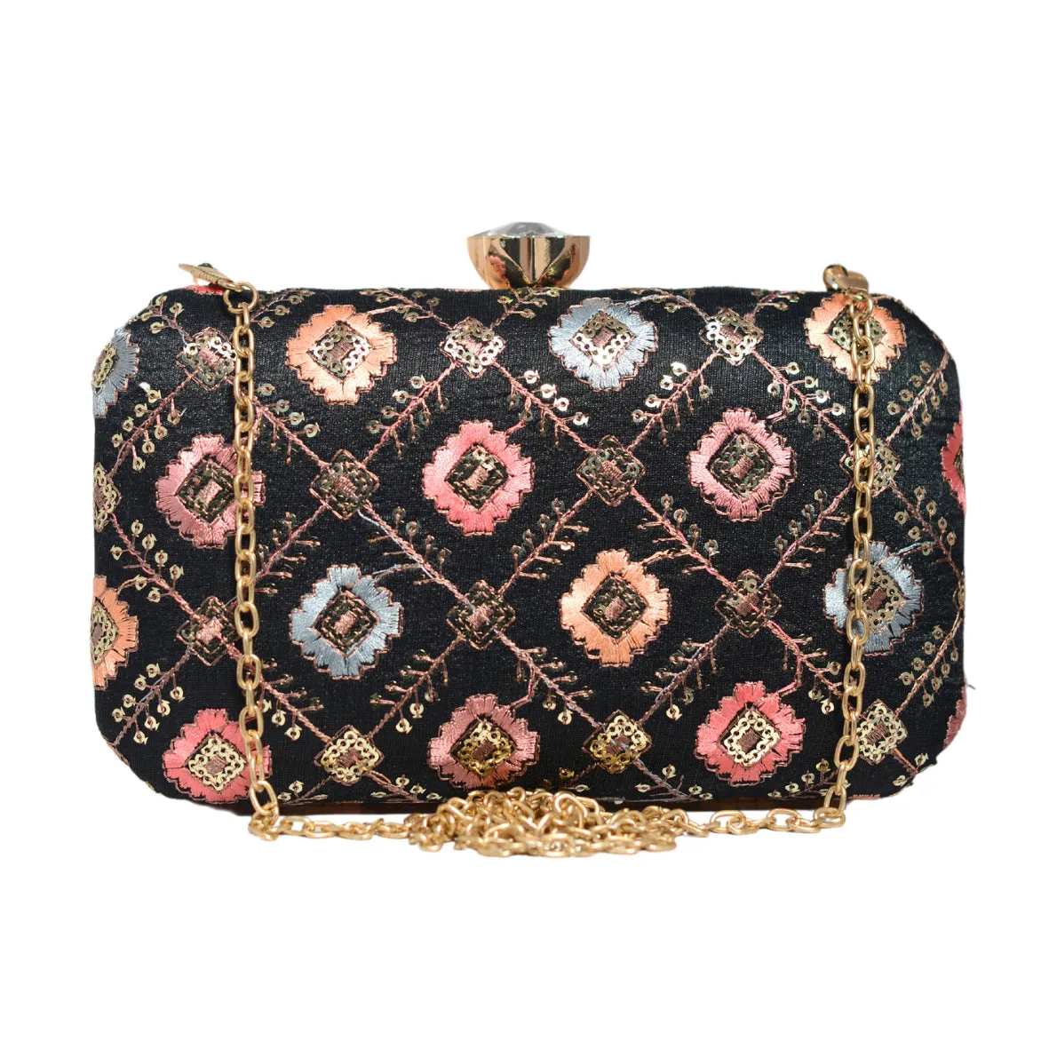 Black Sequins Multicolor Embroidery Clutch