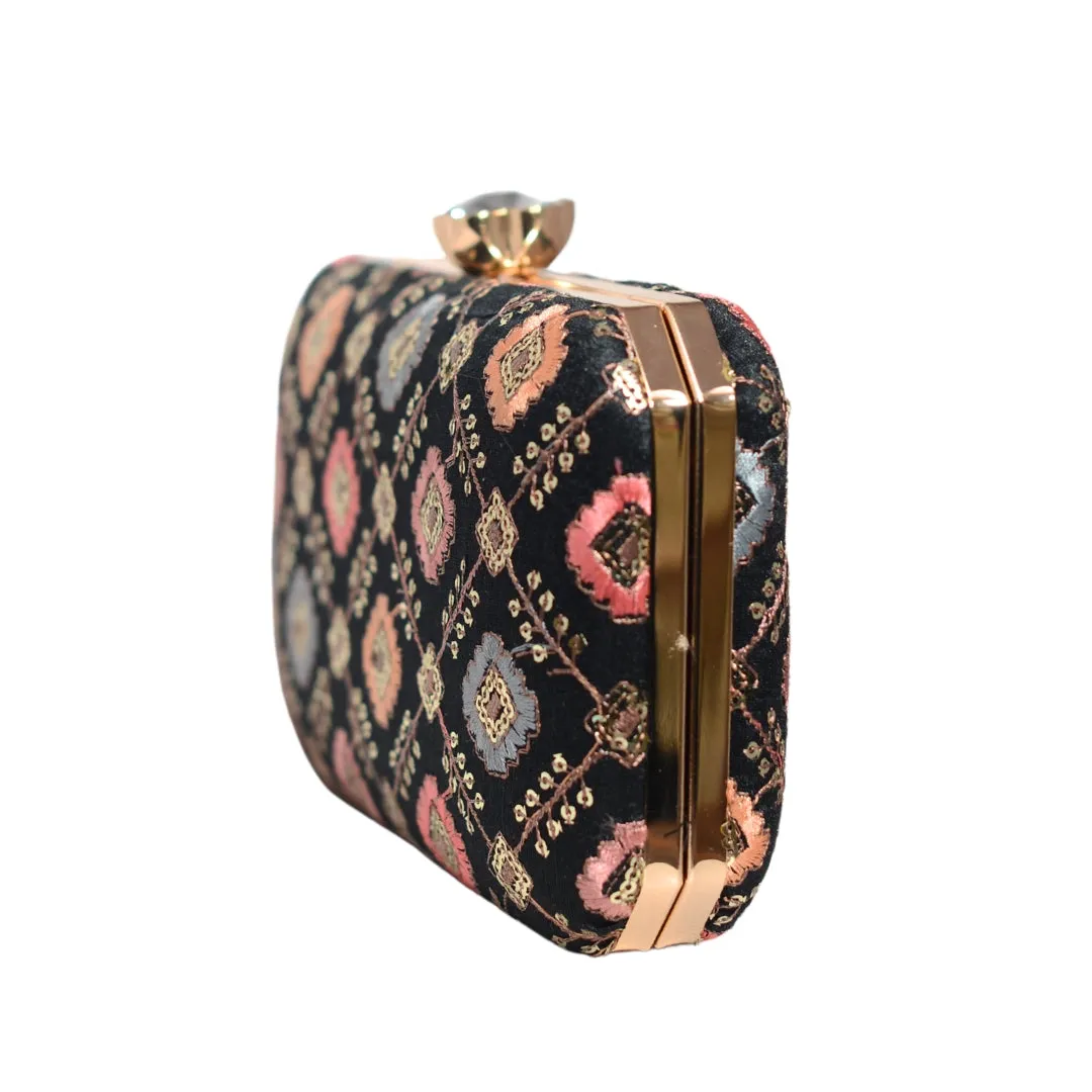 Black Sequins Multicolor Embroidery Clutch