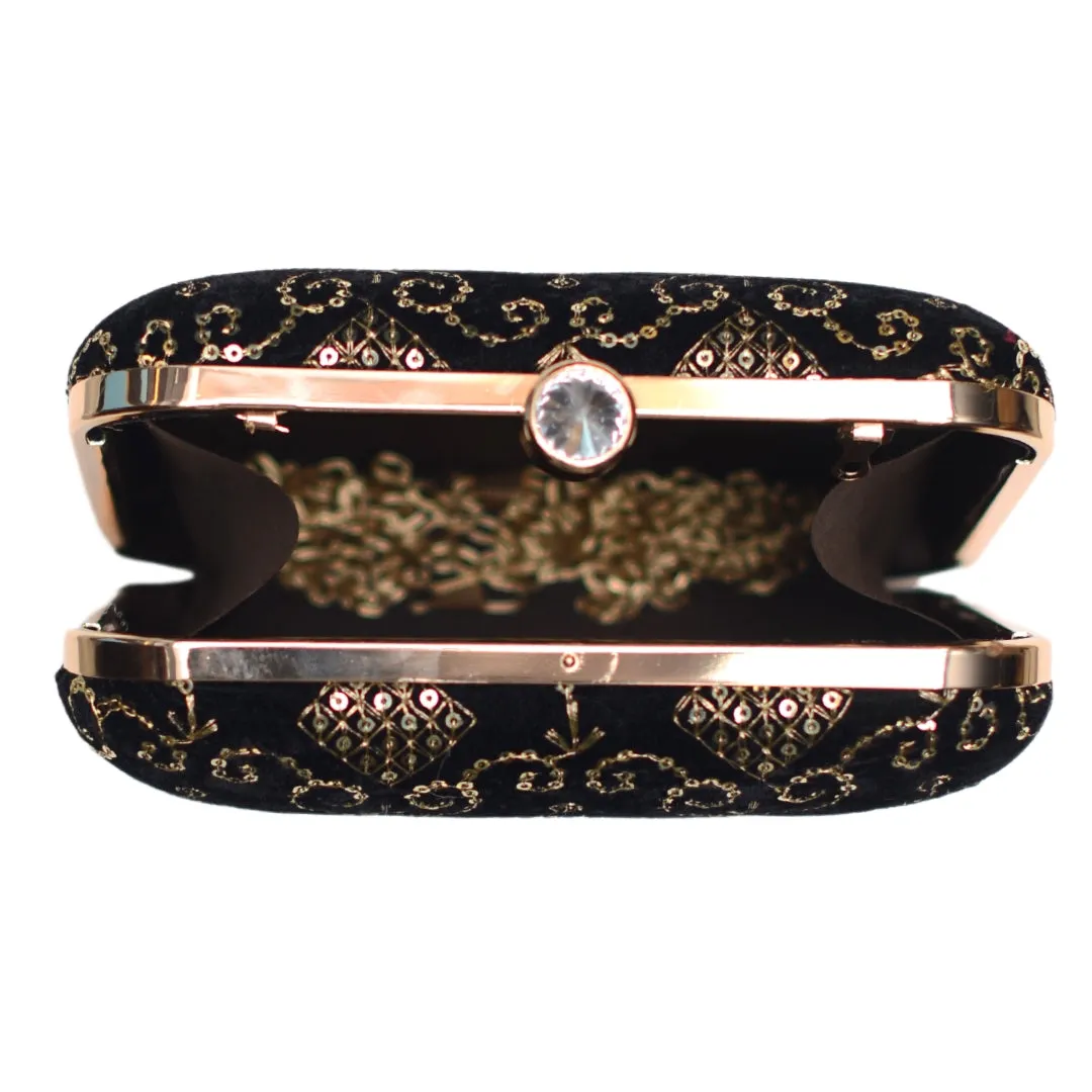 Black Sequins Multipattern Embroidery Clutch