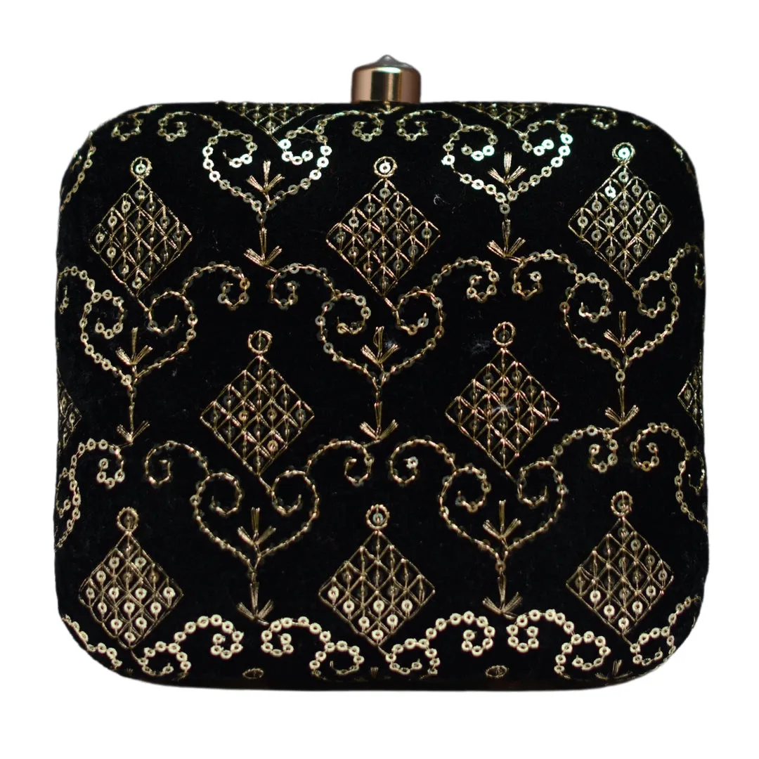 Black Sequins Multipattern Embroidery Clutch