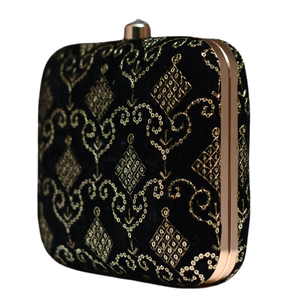 Black Sequins Multipattern Embroidery Clutch