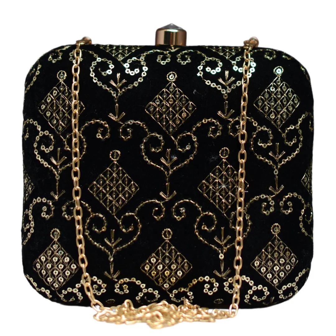 Black Sequins Multipattern Embroidery Clutch