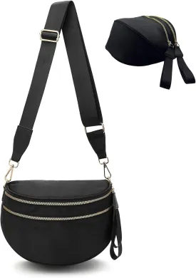 Bum Bags for Women Nylon Crossbody Bag, Spacious Fanny Packs Belt Bag Large Sling Bag with Adjustable Strap (Black)