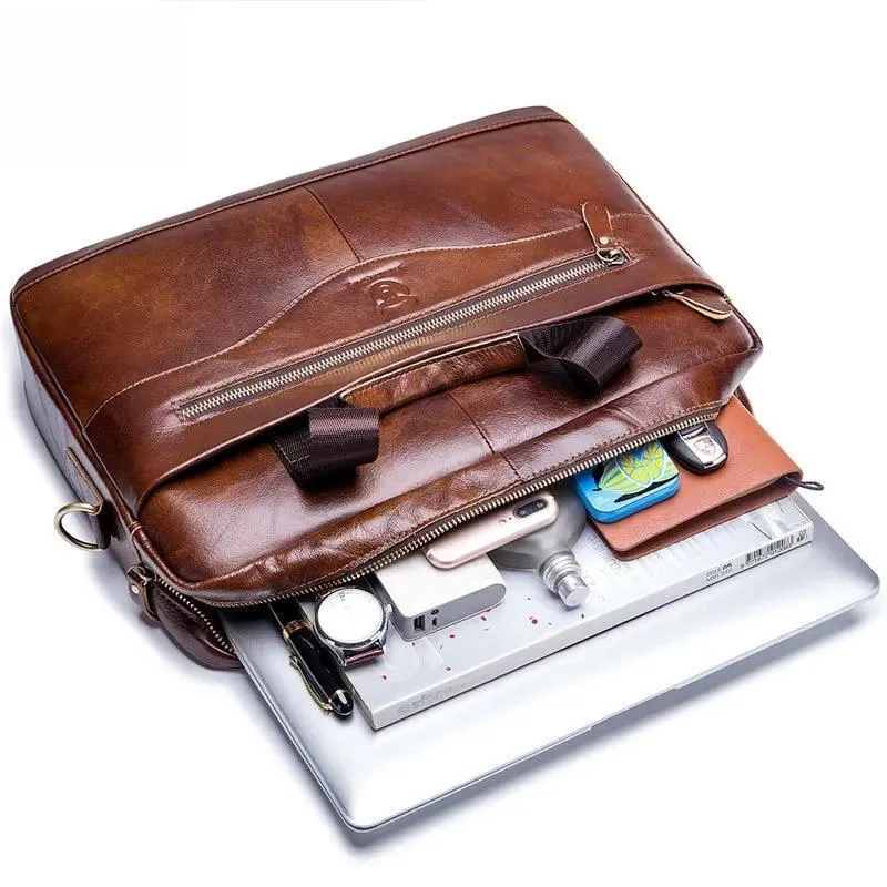 Cow Leather Briefcase Men Handbags High Quality Business Laptop Massager Bag