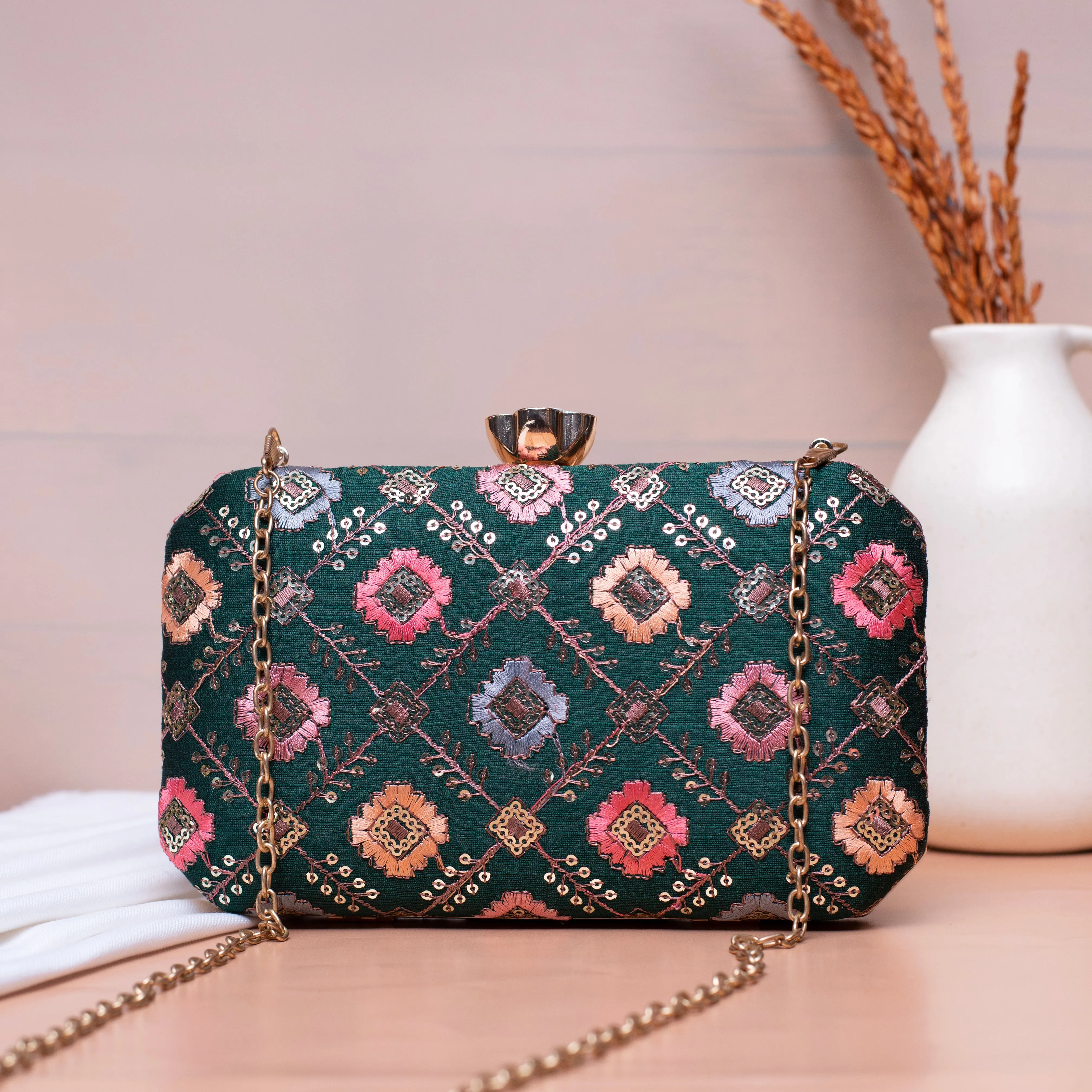 Dark Green Sequins Rectangle Embroidery Clutch