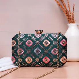 Dark Green Sequins Rectangle Embroidery Clutch