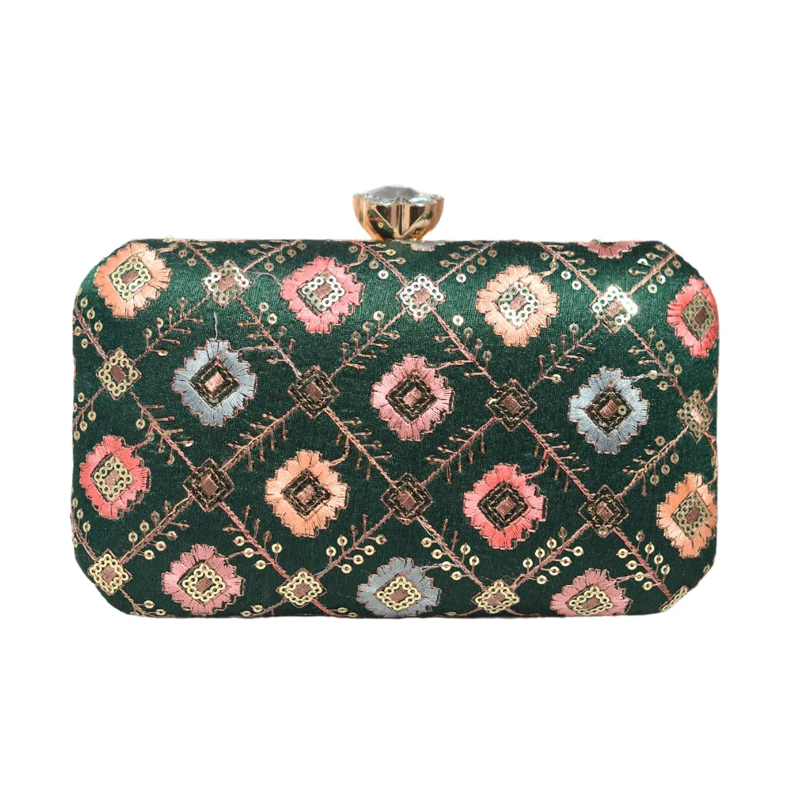 Dark Green Sequins Rectangle Embroidery Clutch