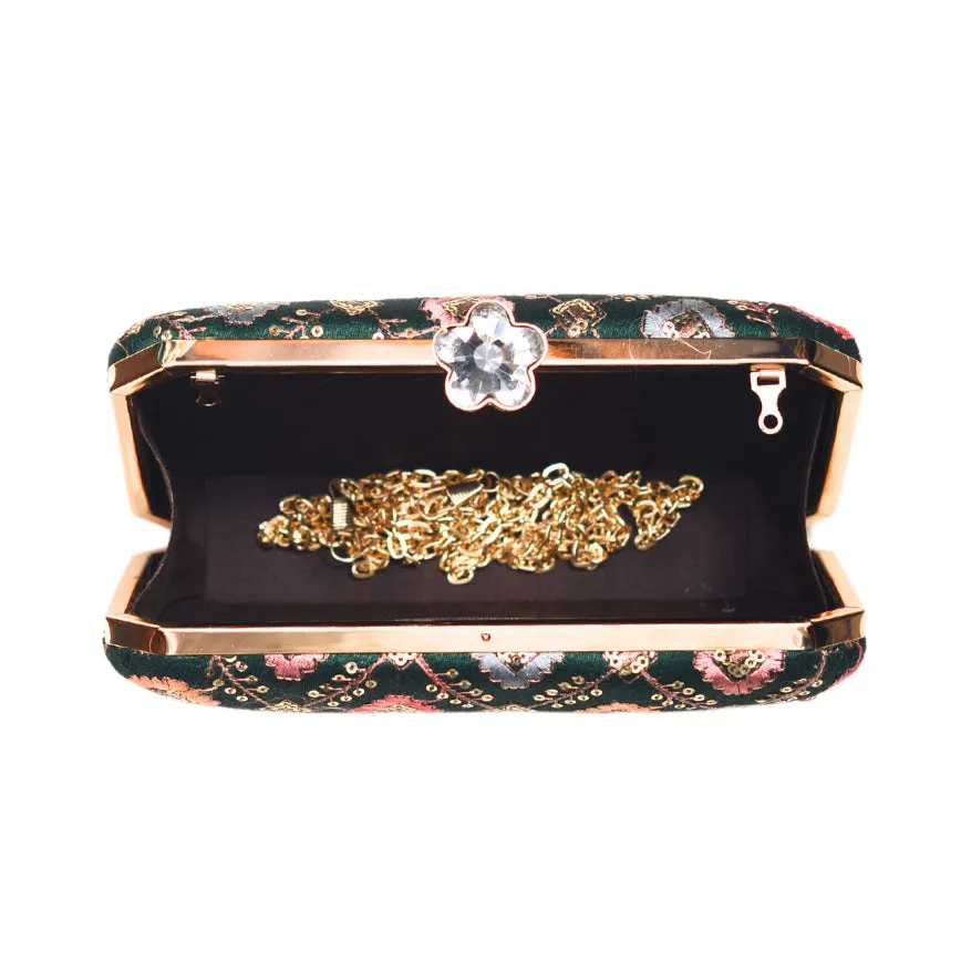 Dark Green Sequins Rectangle Embroidery Clutch