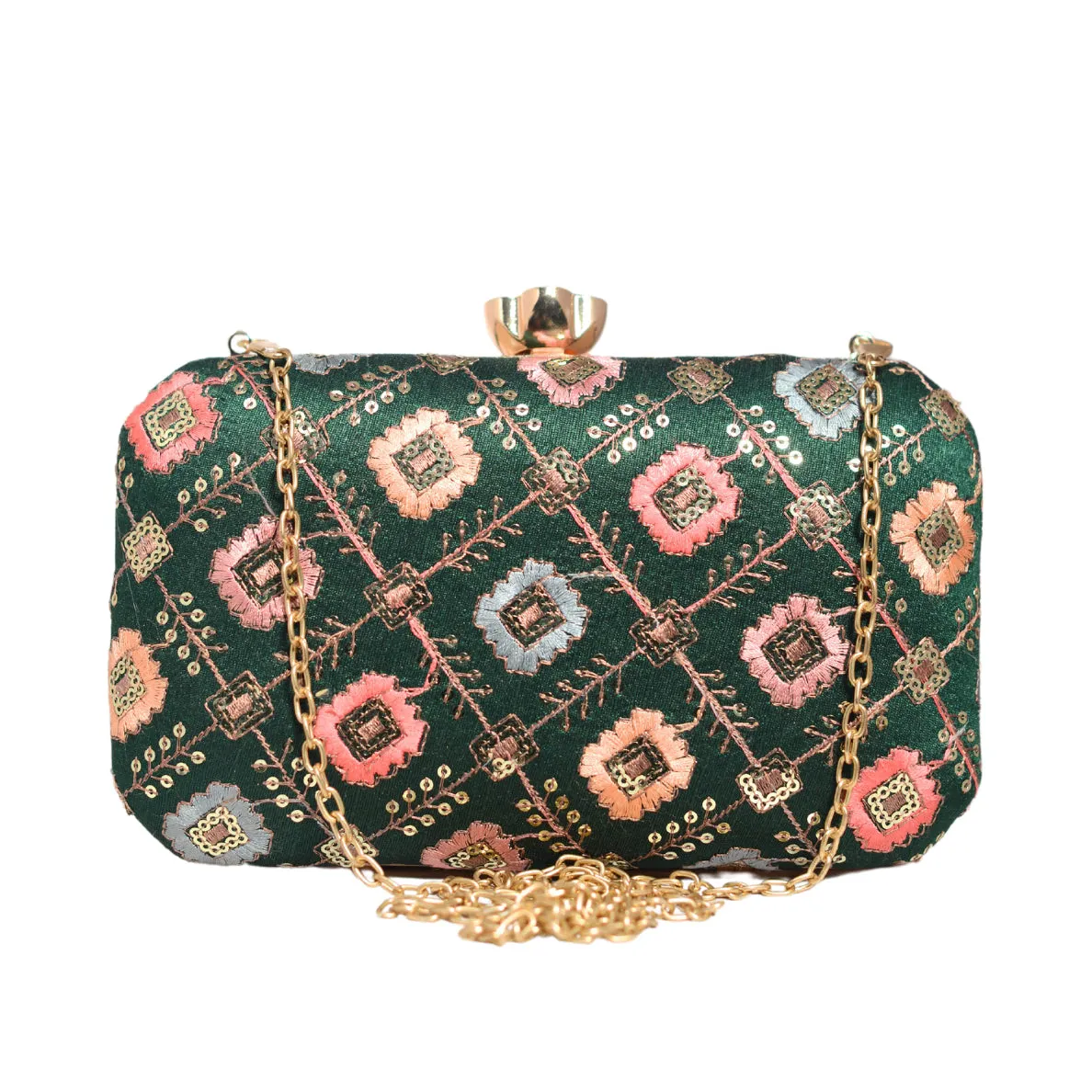 Dark Green Sequins Rectangle Embroidery Clutch
