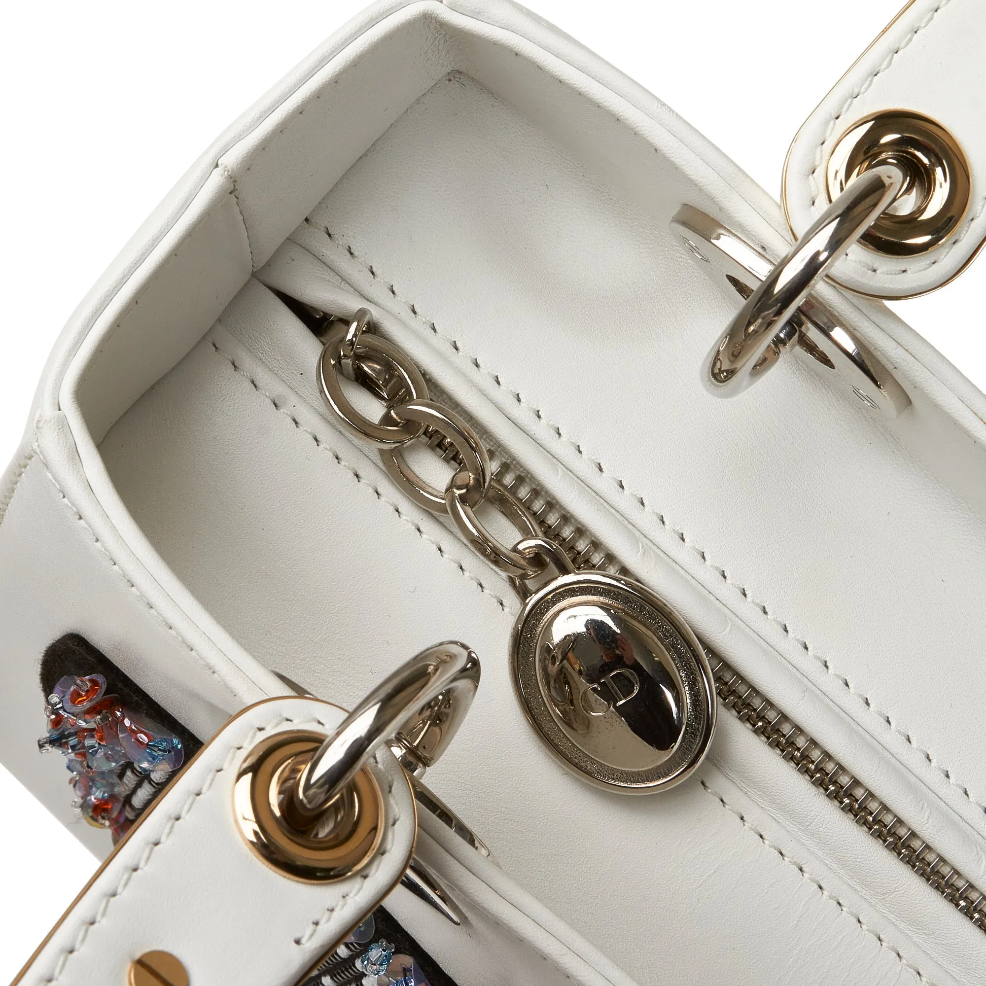 Dior Lady Dior Medium White Patch Embellished Leather Silver