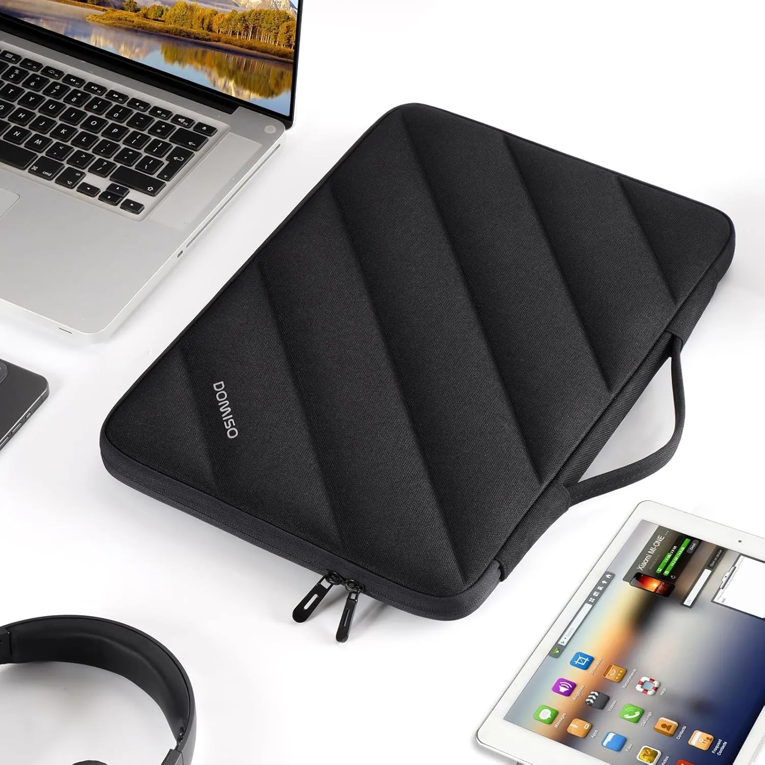 DOMISO 15.6 inch Laptop Sleeve Bag Shockproof Protective Carrying Case Water-Resistant Stripe Pattern Handbag with Handle Compatible with MacBook/HP/Dell,Black