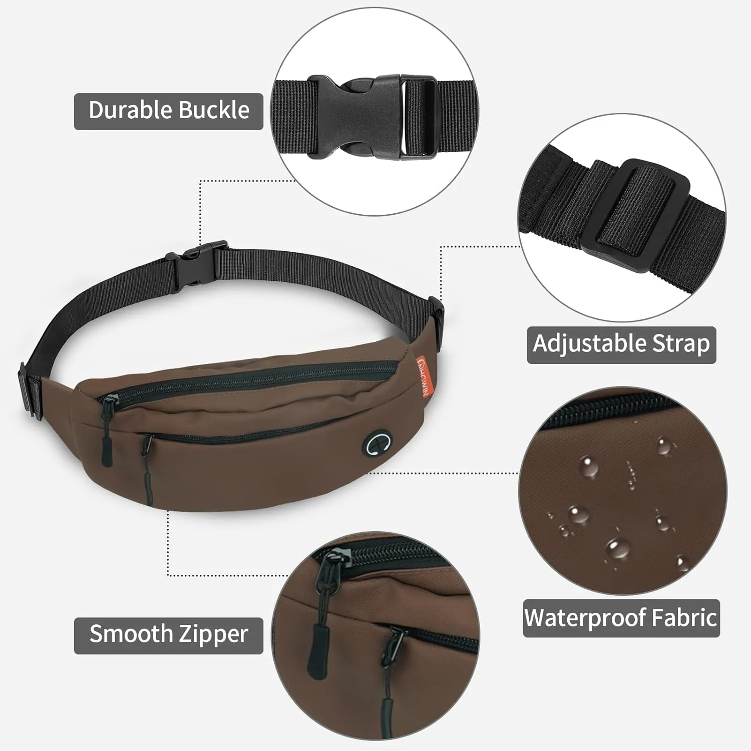 Fanny Pack for Men Women Crossbody, Waterproof Waist Pack Phone Holder with 4 Zipper Pockets Running Belt for Jogging Hiking Cycling Travel Fashion Adjustable Belt Bag - Brown