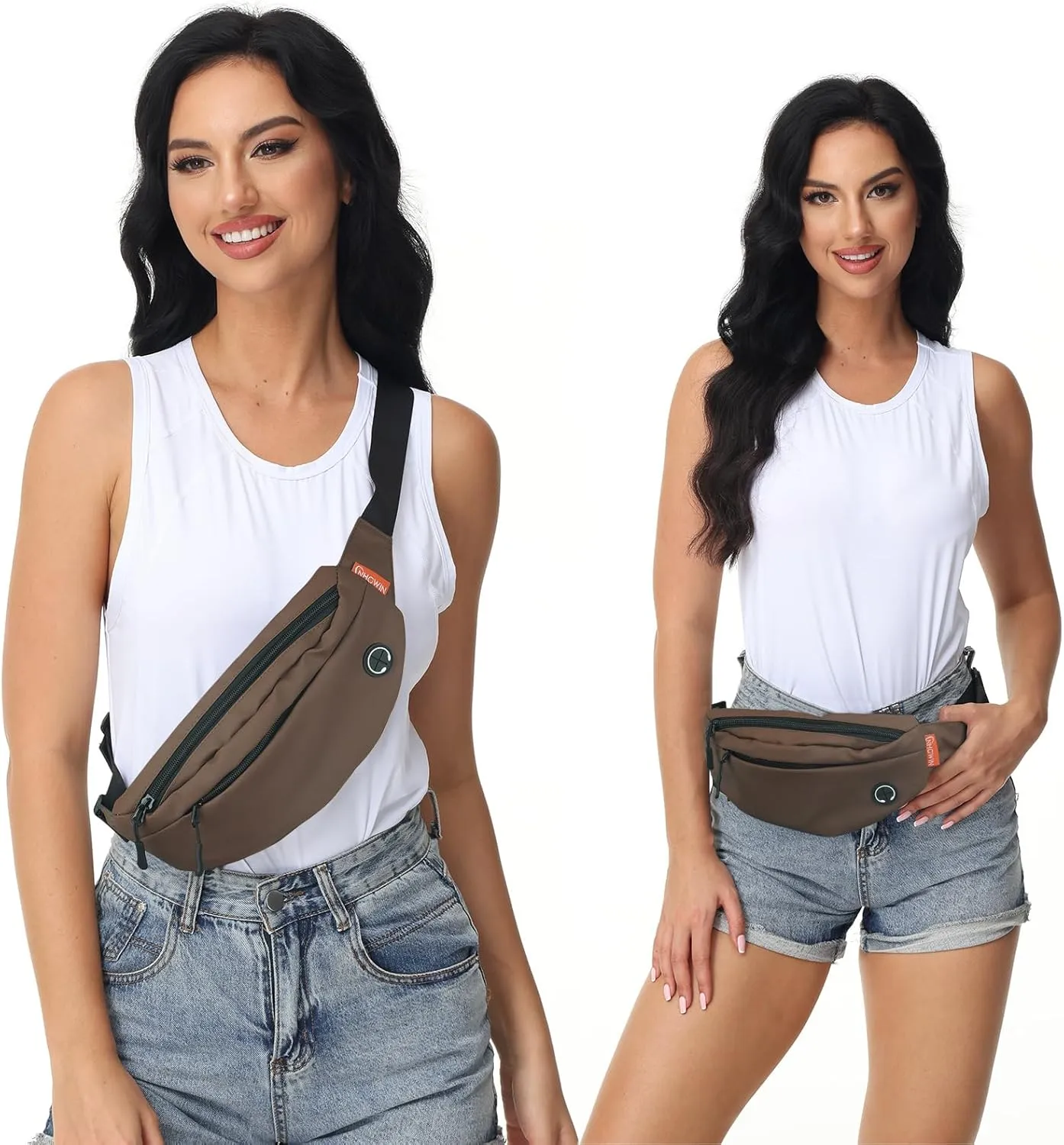 Fanny Pack for Men Women Crossbody, Waterproof Waist Pack Phone Holder with 4 Zipper Pockets Running Belt for Jogging Hiking Cycling Travel Fashion Adjustable Belt Bag - Brown