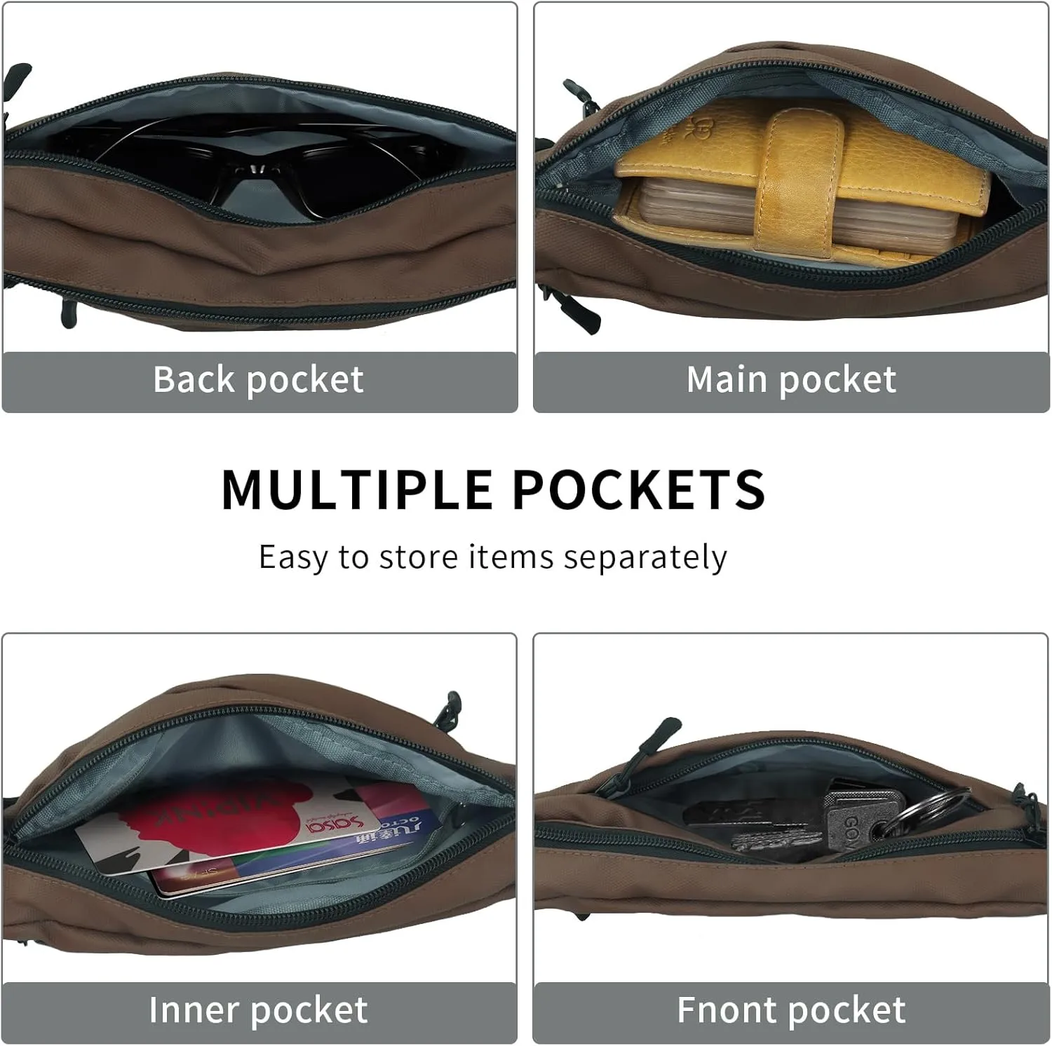 Fanny Pack for Men Women Crossbody, Waterproof Waist Pack Phone Holder with 4 Zipper Pockets Running Belt for Jogging Hiking Cycling Travel Fashion Adjustable Belt Bag - Brown