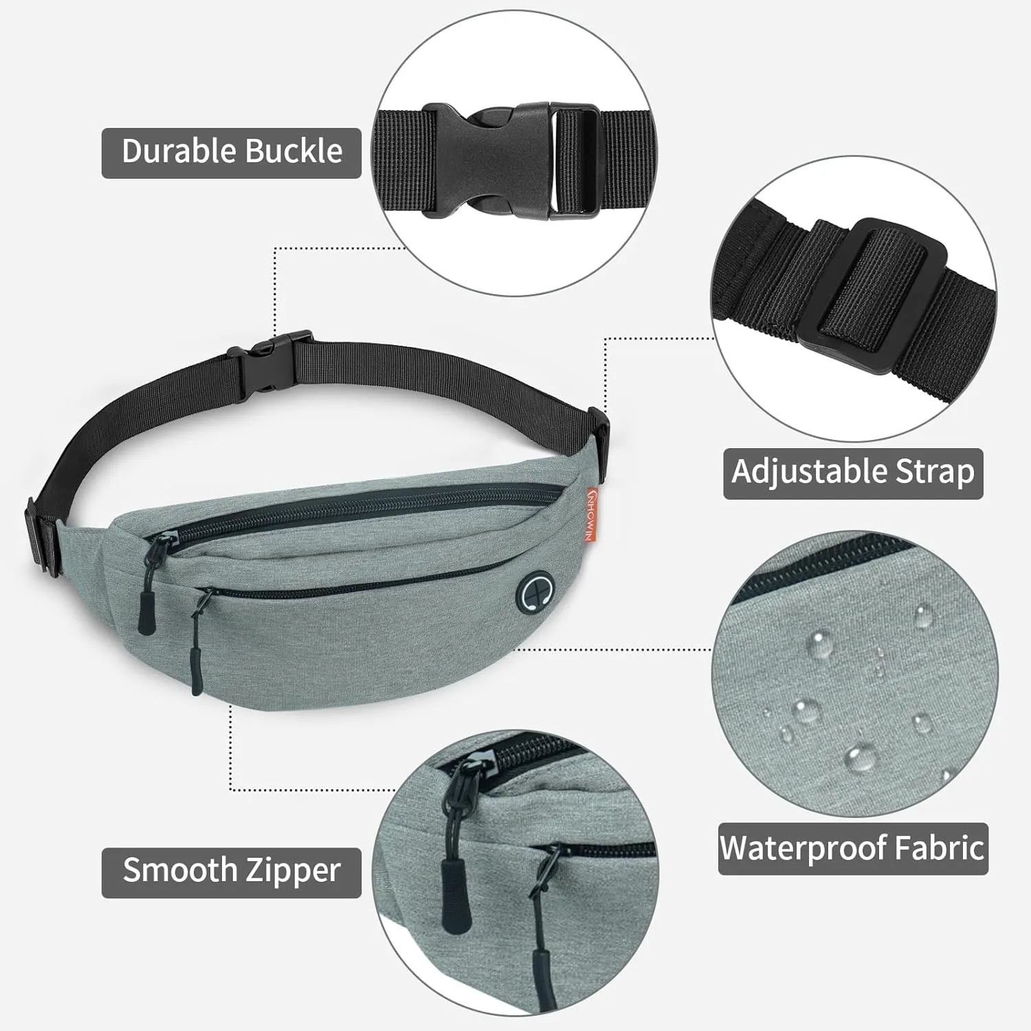 Fanny Pack for Men Women Crossbody, Waterproof Waist Pack Phone Holder with 4 Zipper Pockets Running Belt for Jogging Hiking Cycling Travel Fashion Adjustable Belt Bag - Grey