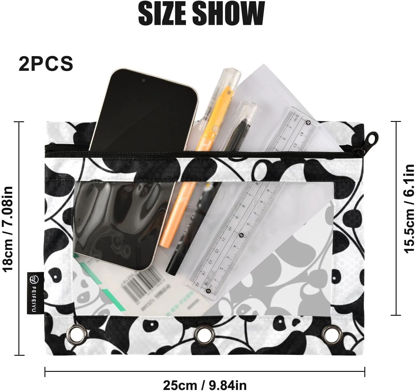 Fisyme Kawaii Pandas Pencil Pouch for 3 Ring Binder Pencil Case Pencil Bag Zipper Pouch with Clear Window for Office Supplies, 2 Pack