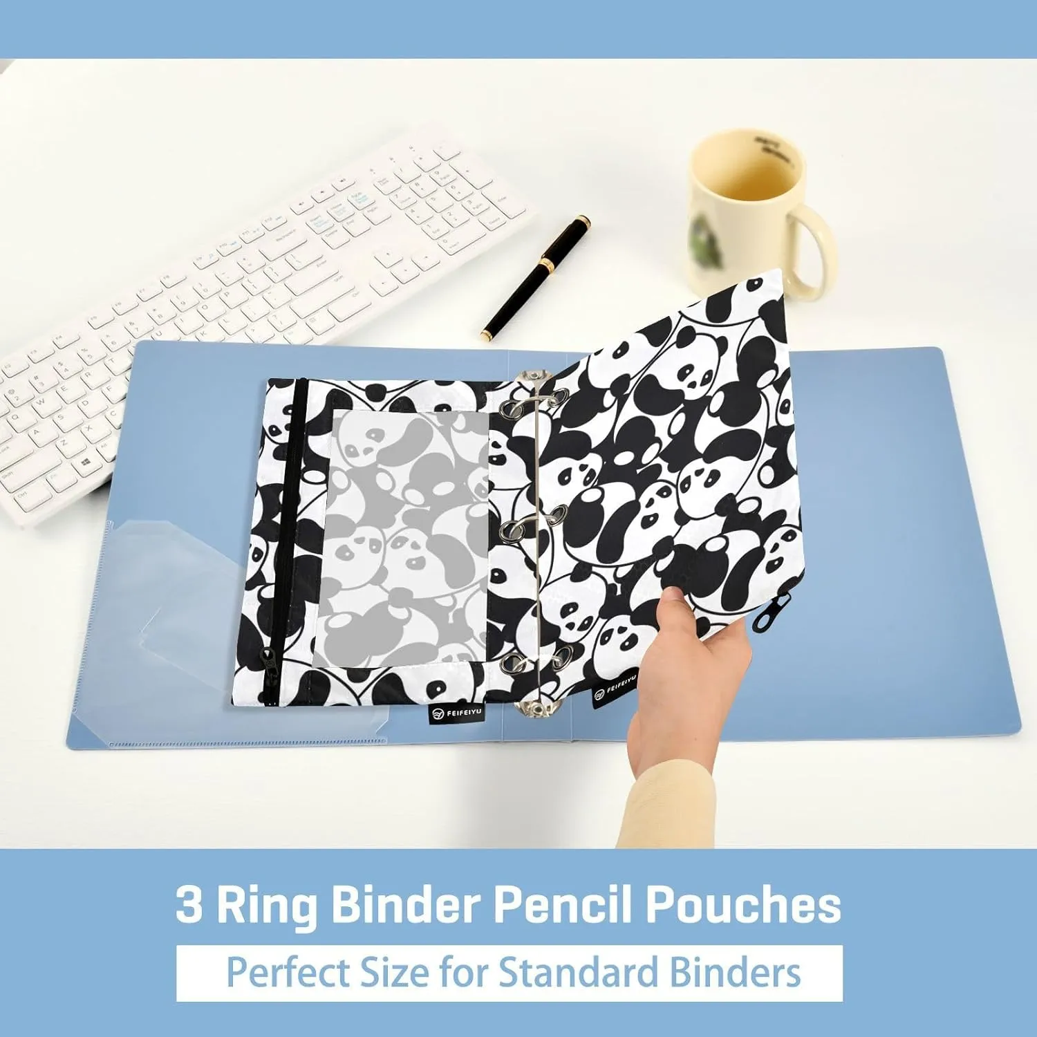 Fisyme Kawaii Pandas Pencil Pouch for 3 Ring Binder Pencil Case Pencil Bag Zipper Pouch with Clear Window for Office Supplies, 2 Pack