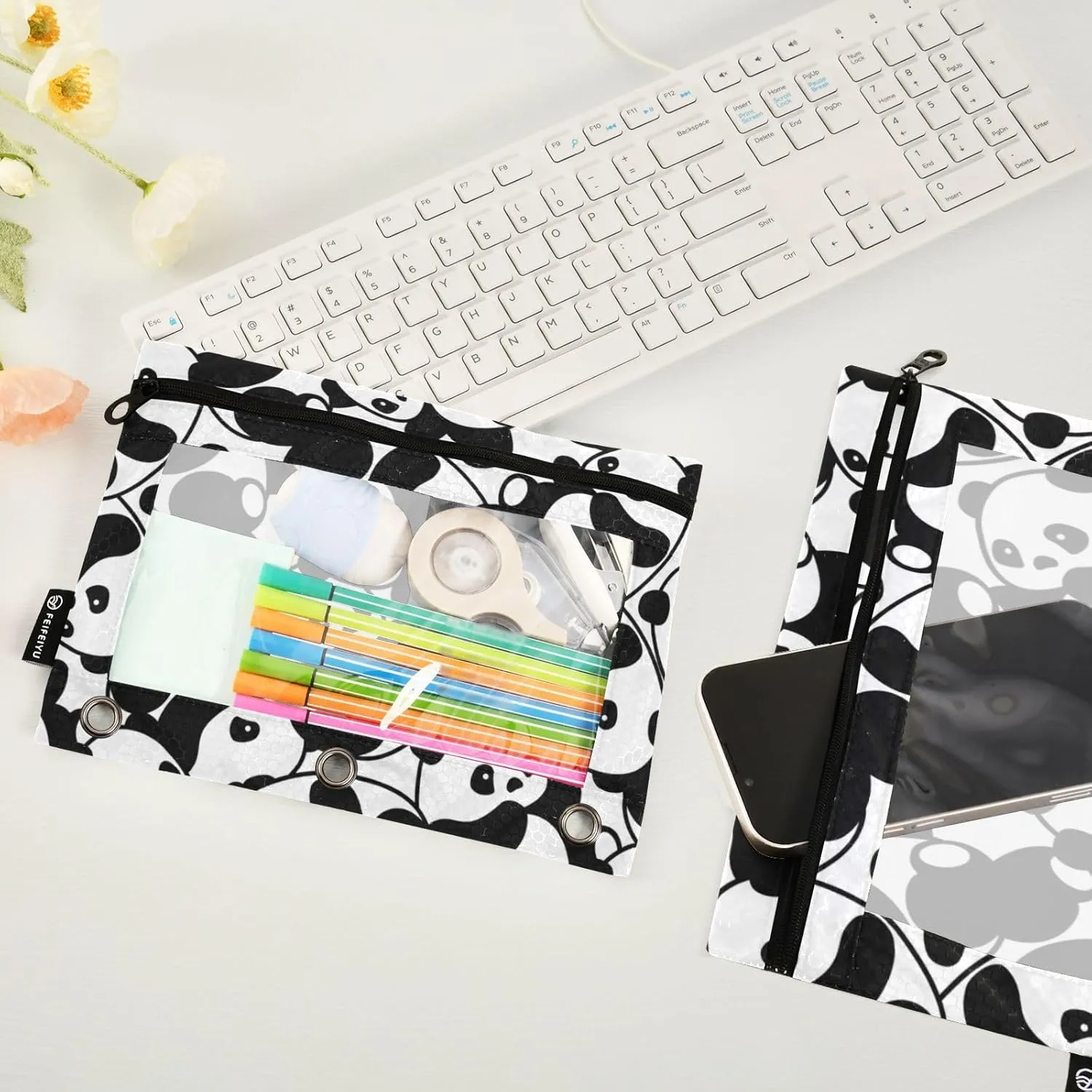 Fisyme Kawaii Pandas Pencil Pouch for 3 Ring Binder Pencil Case Pencil Bag Zipper Pouch with Clear Window for Office Supplies, 2 Pack
