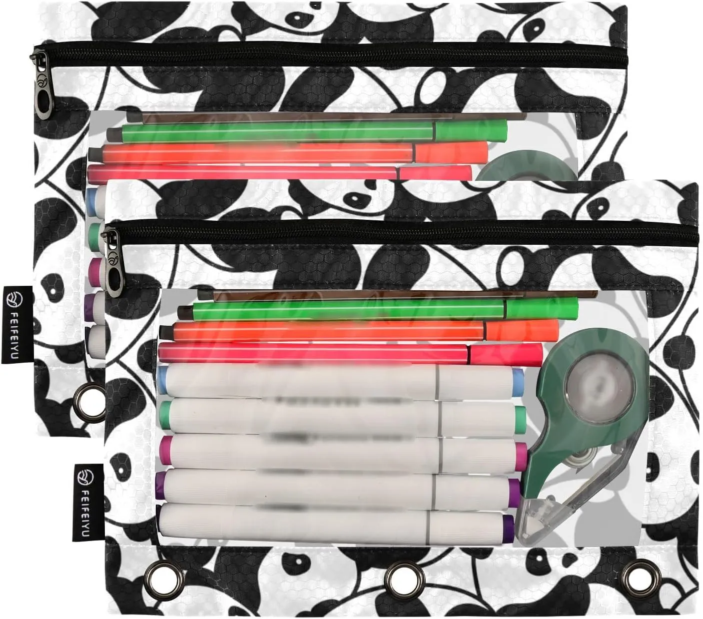 Fisyme Kawaii Pandas Pencil Pouch for 3 Ring Binder Pencil Case Pencil Bag Zipper Pouch with Clear Window for Office Supplies, 2 Pack