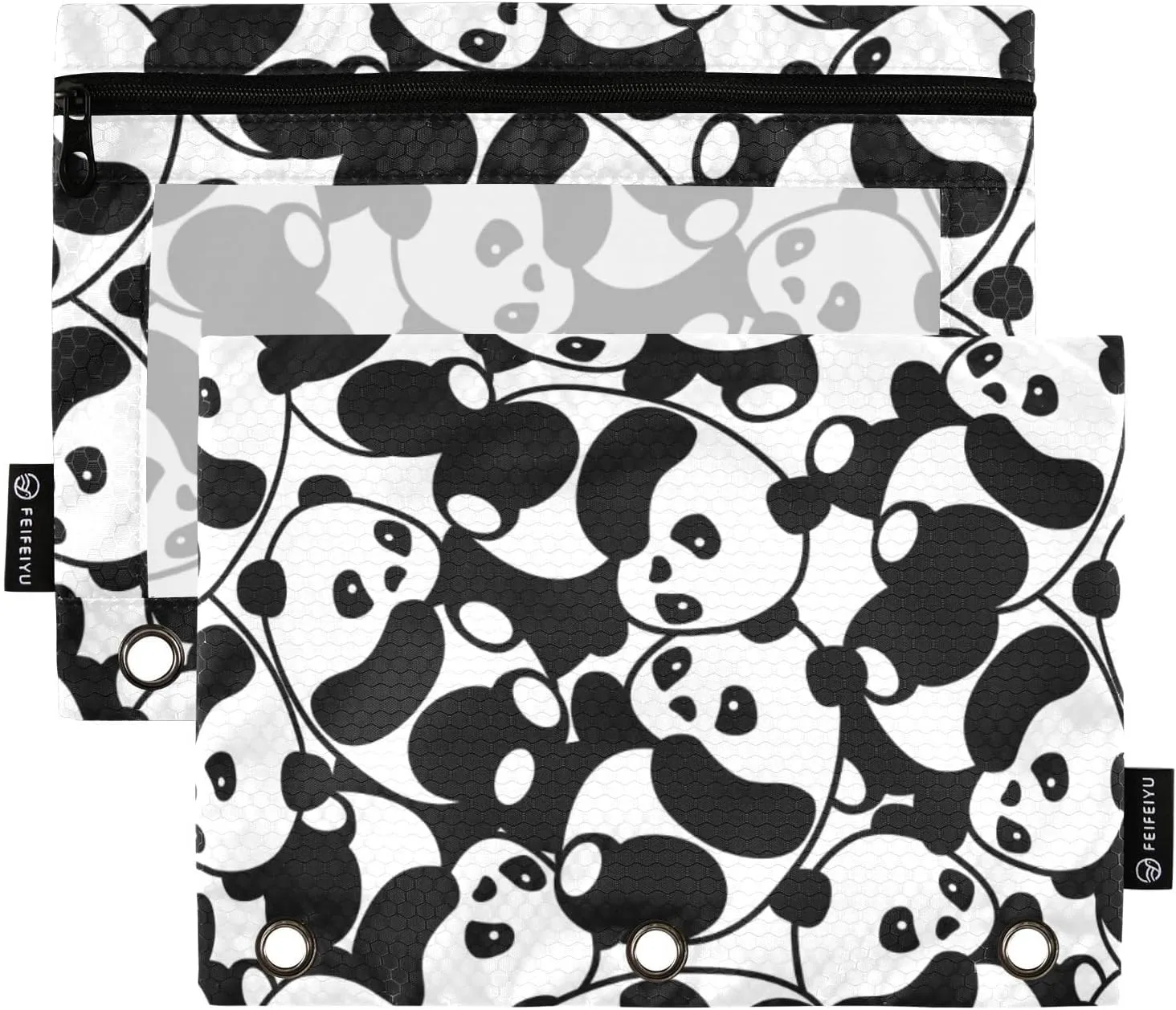 Fisyme Kawaii Pandas Pencil Pouch for 3 Ring Binder Pencil Case Pencil Bag Zipper Pouch with Clear Window for Office Supplies, 2 Pack