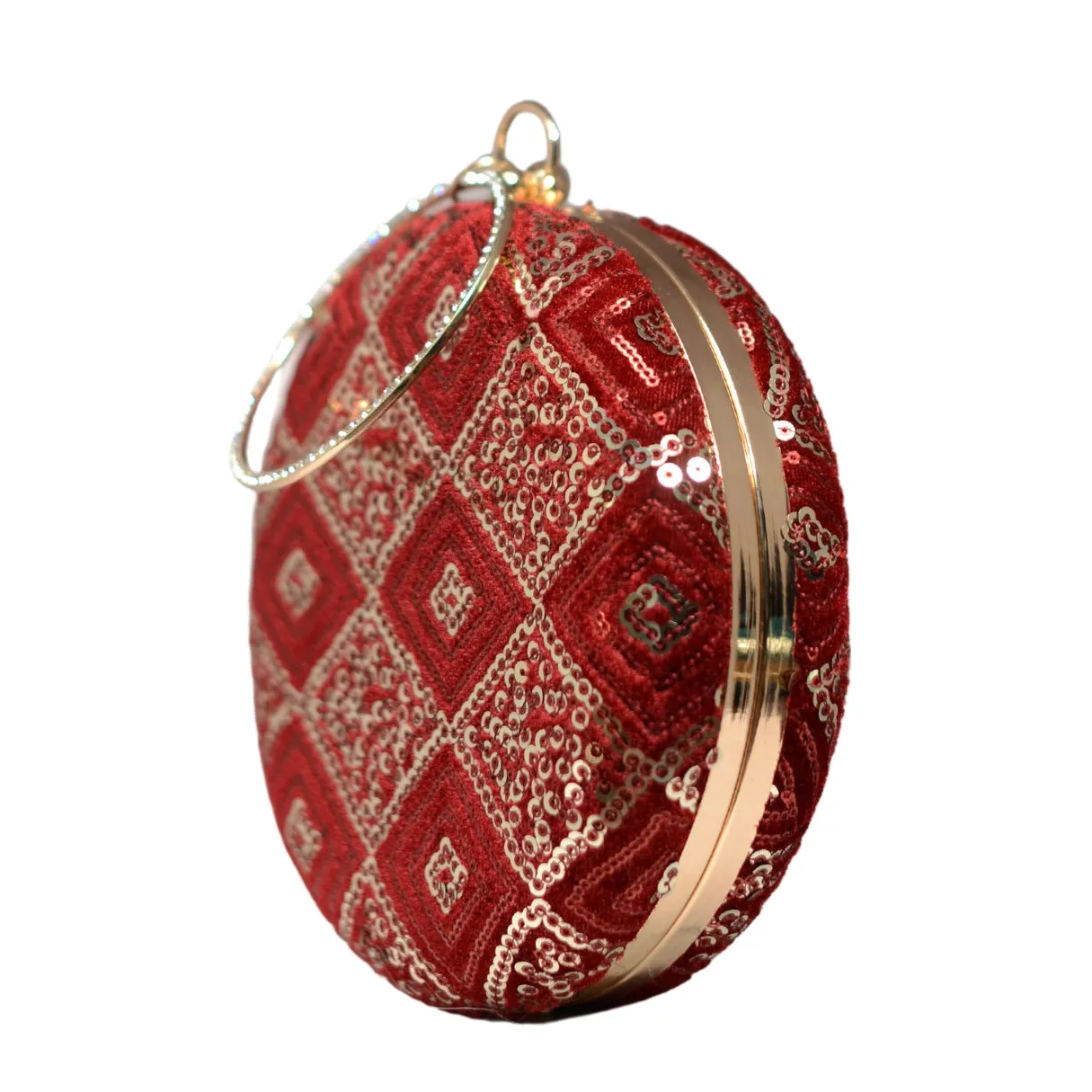 Golden Sequins Red Embroidery Round Clutch