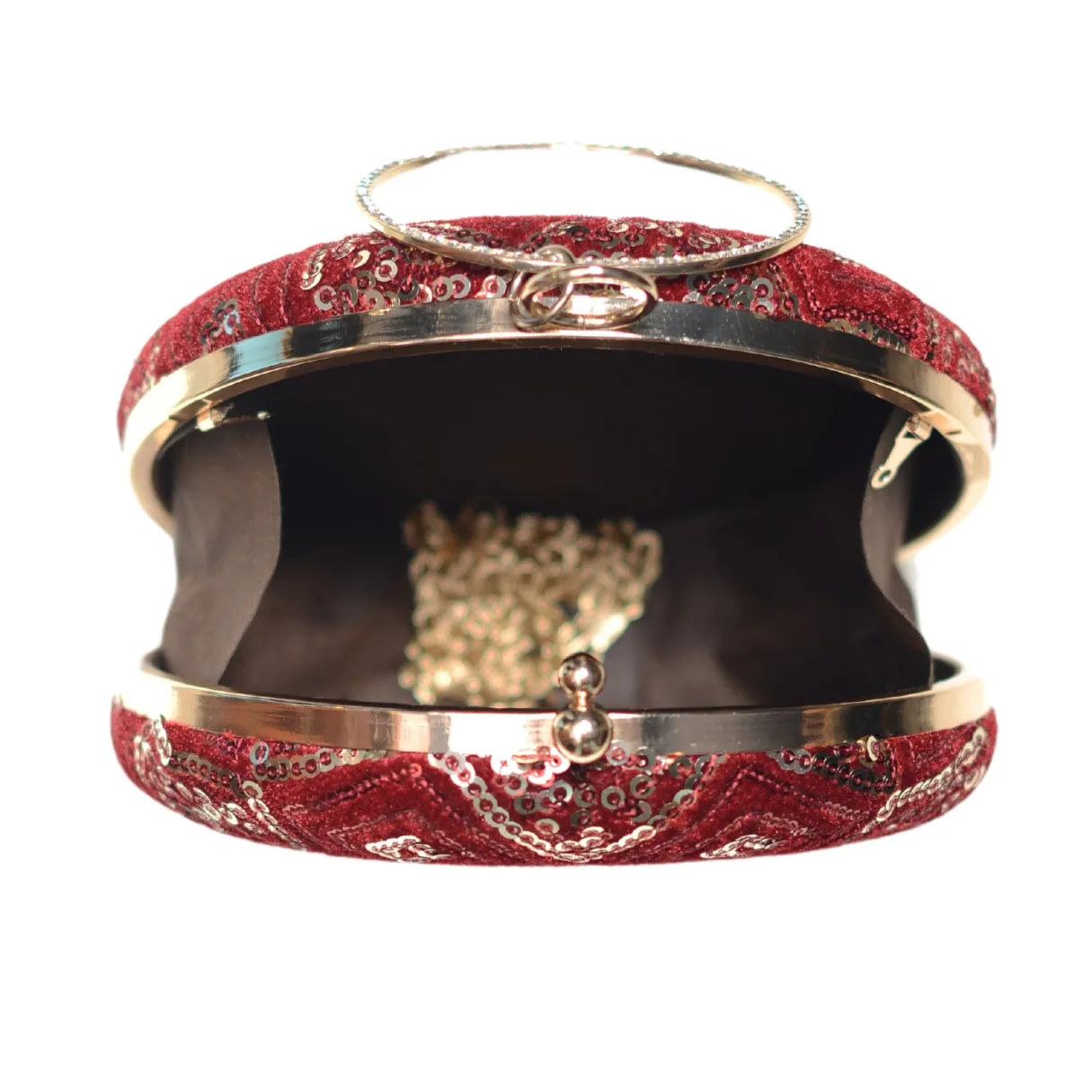 Golden Sequins Red Embroidery Round Clutch