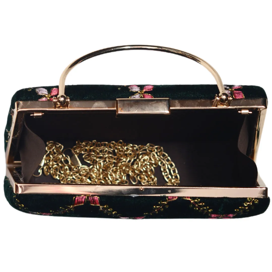Green Embroidery Velvet Clutch