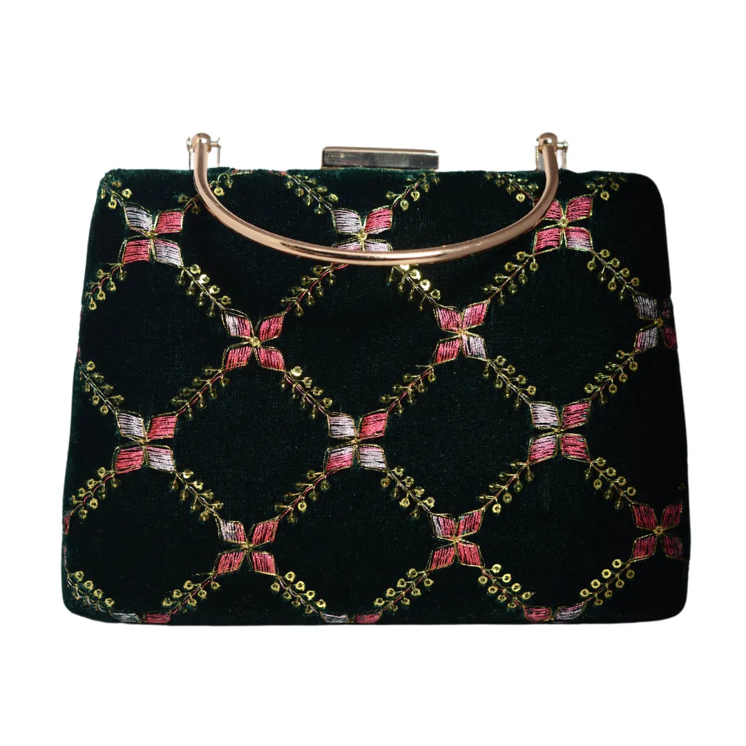 Green Embroidery Velvet Clutch