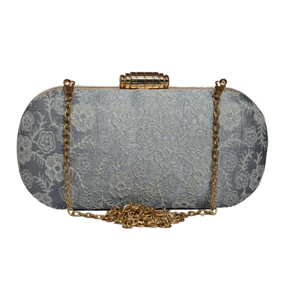 Grey And White Thread Embroidery Clutch