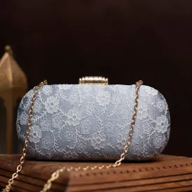 Grey And White Thread Embroidery Clutch