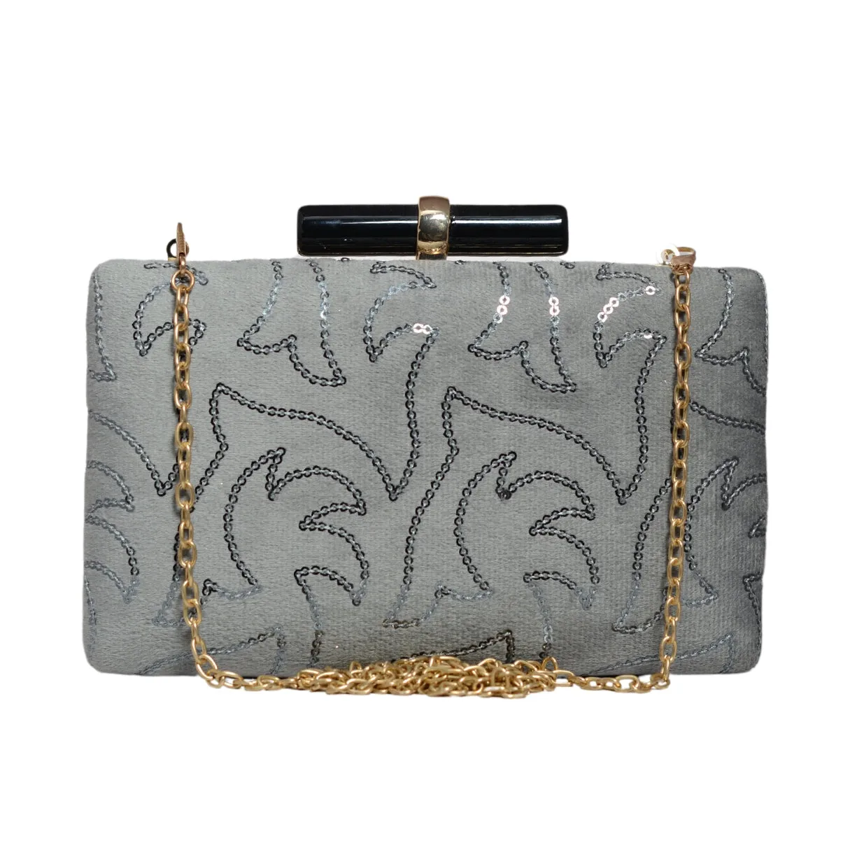 Grey Multipattern Sequins Embroidery Clutch