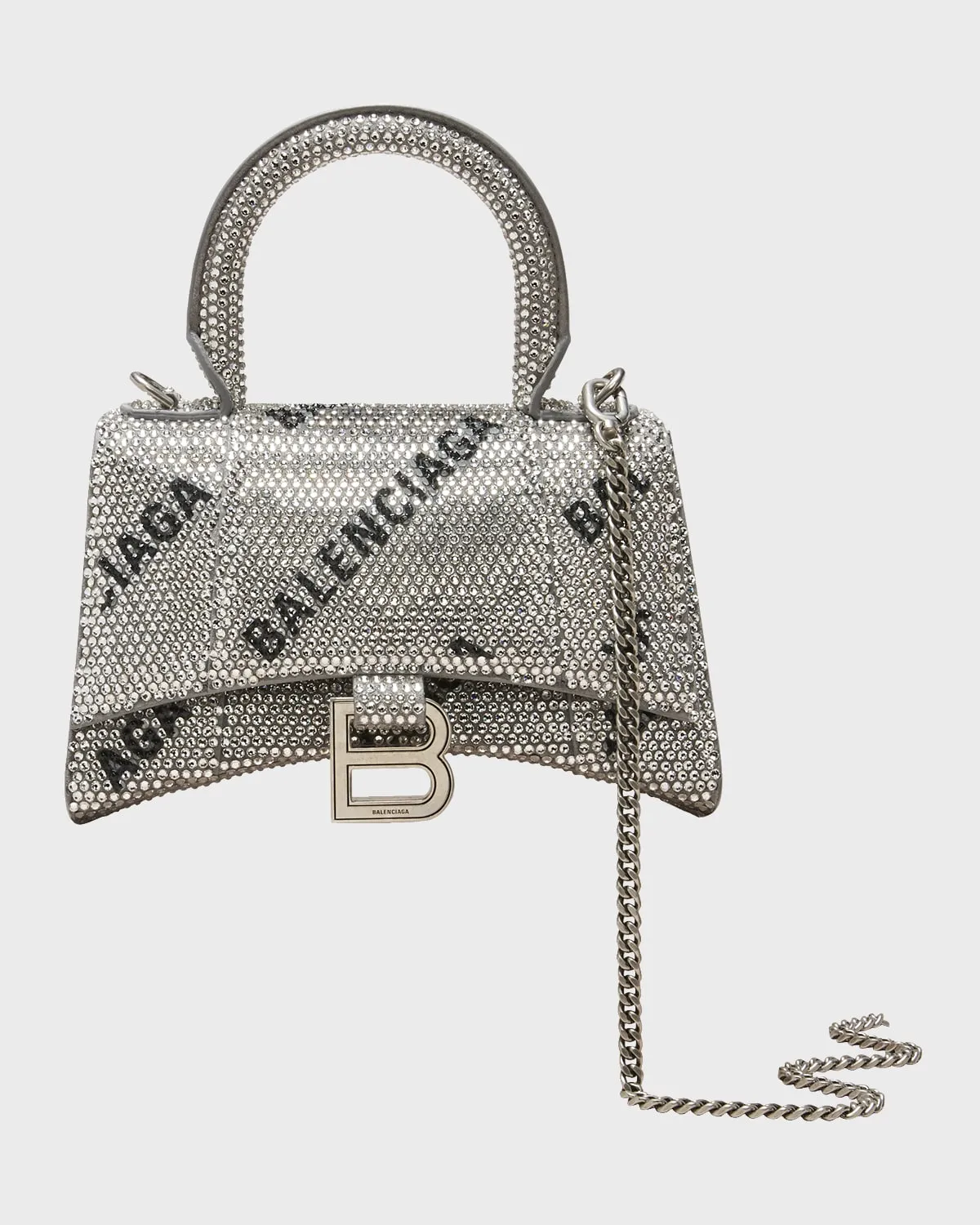 Hourglass XS Bag with Chain and Allover Logo Rhinestones